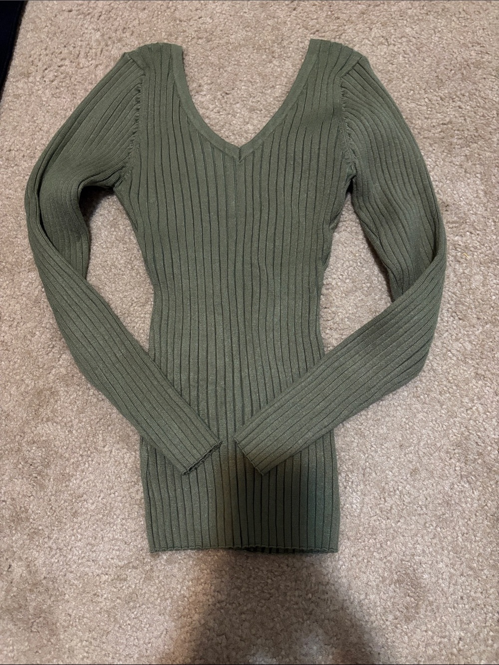 Olive Ribbed V-Neck Women's Sweater
